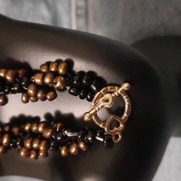 Brown & Black Beaded Gold Tone Heart Accented Toggle Bracelet "Look" - Picture 2 of 4